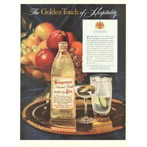 1954 Seagram's Gin Ancient Bottle Vintage Print Ad Fruit Bowl Tonic Lime Art 50s